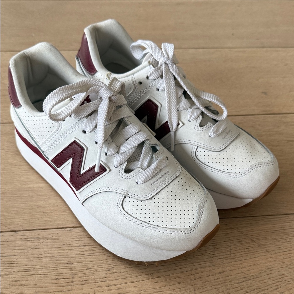 New Balance 574+ platform White and Burgundy leather Sneakers